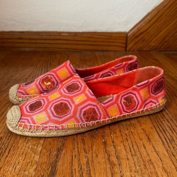 Tory Burch Cecily Pink Orange Sequins Embellished Flat Espadrille Shoes - Picture 1 of 9